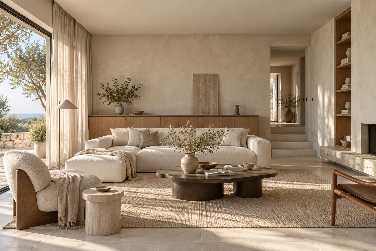 Conceptbeeld van een warm interieur met een linnen bank, eikenhout en natuursteen